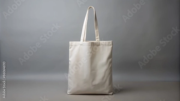 Fototapeta A crisp white blank canvas tote bag made of cotton with sturdy handles lies isolated on a light gray background, waiting for creative customization.