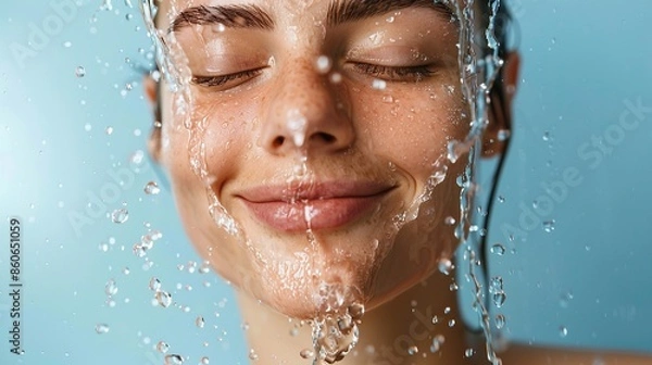 Fototapeta Close-up of a woman's face with eyes closed, refreshed by a splash of clear water against a blue background.