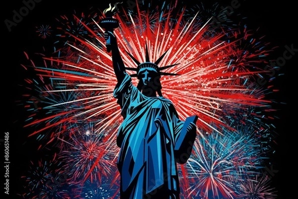 Fototapeta Typography, fireworks, and Statue of Liberty on 4th of July Independence Day poster. Detailed statue, bright and bold text, dynamic fireworks, vibrant colors, celebrating freedom and patriotism.