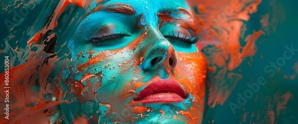 Fototapeta Close-up of a woman's face with eyes closed, covered in artistic and vibrant blue and orange face paint, creating a striking visual effect.