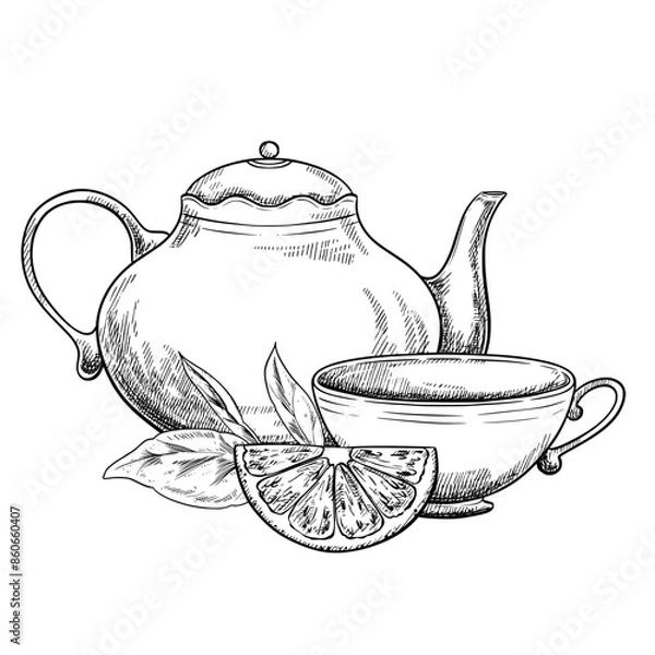 Obraz Teapot and cup vintage vector sketch drawing