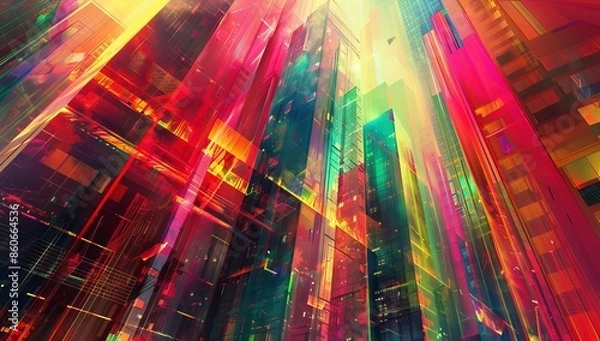 Fototapeta Digital art piece depicting an abstract futuristic cityscape, with vibrant colors and geometric shapes representing skyscrapers, surrounded by light rays and glowing highlights.