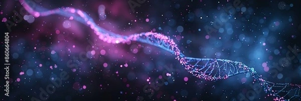 Fototapeta Abstract DNA double helix in blue and pink colors on a dark background with bokeh lights, a futuristic technology concept. MRNA