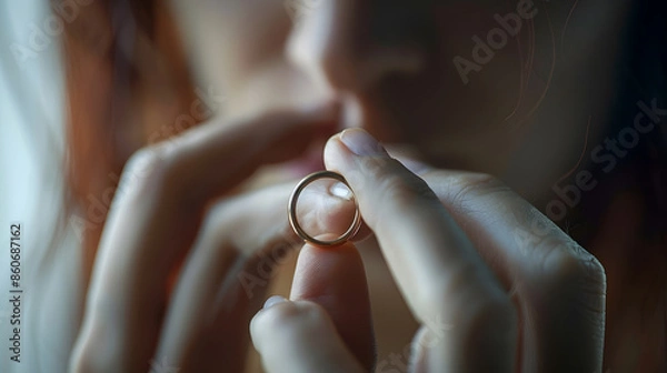 Fototapeta Upset woman holding wedding ring close up cropped image took off jewellery demonstrate show it as symbol of divorce family split break up legally dissolve wifehood with husband bustup  : Generative AI