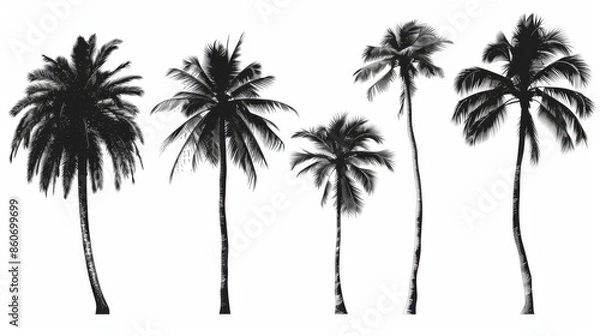 Obraz A collection of palm tree silhouettes exhibiting diverse shapes and sizes, highlighted against a simple background, ideal for artistic design and decor.