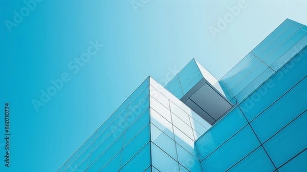 Fototapeta A low-angle view of a modern building with a glass facade against a bright blue sky