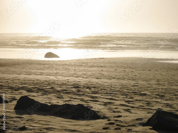 Fototapeta Black and white sepia beach photo with distant large rock