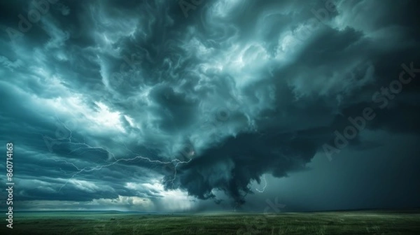 Fototapeta A dark, stormy sky with lightning strikes over a green field