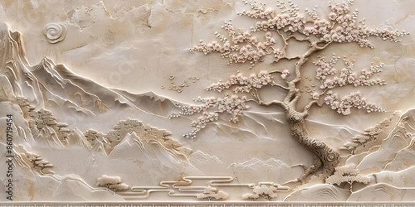 Obraz Beautiful sakura tree and mountain 3d relief wallpaper. Mural wallpaper. Wall art. AI generated illustration.