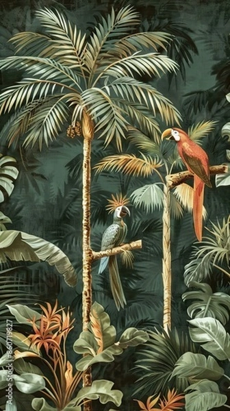 Fototapeta Illustration of tropical wallpaper print design with palm banana leaves and exotic birds on canvas texture. Tropical plants and birds on textured background. AI generated illustration