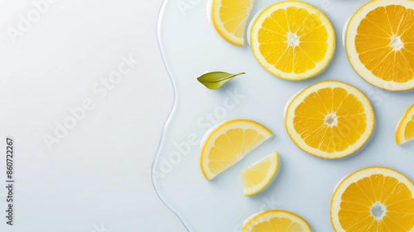 Fototapeta a clean, minimalistic arrangement of fresh orange slices on a white surface. One leaf subtly accents the composition, enhancing the natural feel. Copy space.