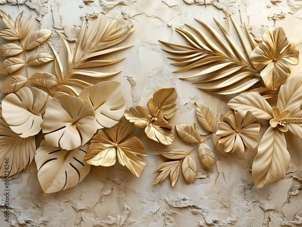 Obraz Gold floral plants and palm leaves Wallpaper Mural, 3d illustration, grey background, abstract tropical leaves, banana leaves with 3d lines. AI generated illustration