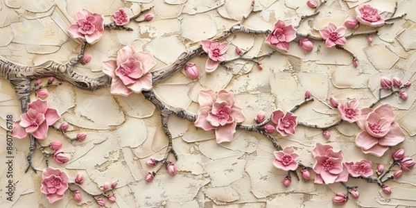 Fototapeta 3d picture of a tree with pink flowers background for digital printing wallpaper, custom design wallpaper. AI generated illustration
