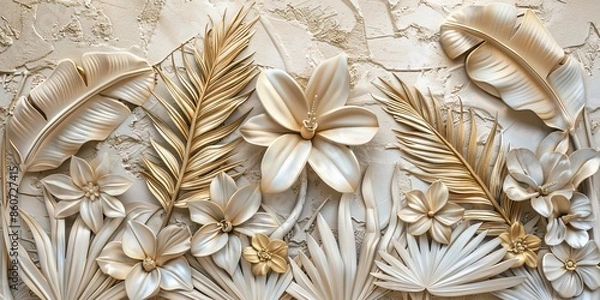 Obraz Gold floral plants and palm leaves Wallpaper Mural, 3d illustration, grey background, abstract tropical leaves, banana leaves with 3d lines. AI generated illustration