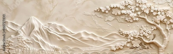 Obraz Beautiful sakura tree and mountain 3d relief wallpaper. Mural wallpaper. Wall art. AI generated illustration.
