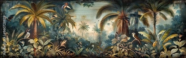 Obraz Illustration of tropical wallpaper print design with palm banana leaves and exotic birds on canvas texture. Tropical plants and birds on textured background. AI generated illustration