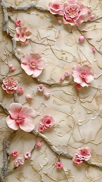 Fototapeta 3d picture of a tree with pink flowers background for digital printing wallpaper, custom design wallpaper. AI generated illustration