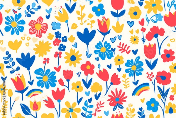 Fototapeta A cheerful floral pattern with colorful flowers and hearts on a white background, creating a lively and happy seamless design.