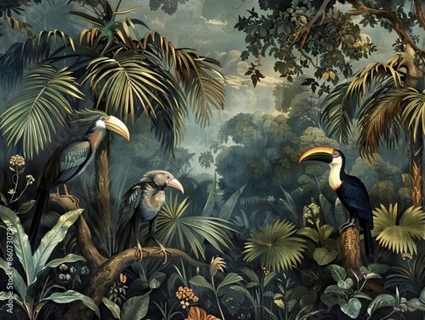 Obraz Illustration of tropical wallpaper print design with palm banana leaves and exotic birds on canvas texture. Tropical plants and birds on textured background. AI generated illustration