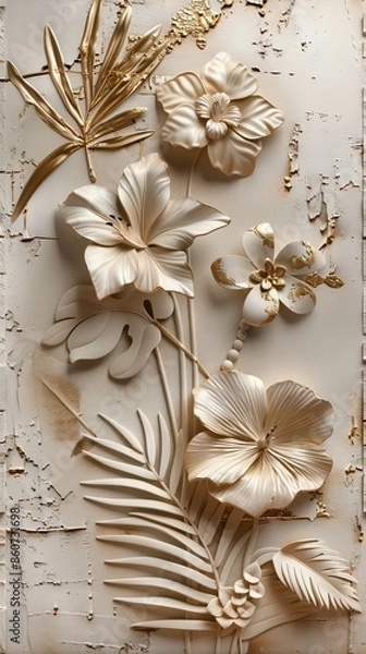 Obraz Gold floral plants and palm leaves Wallpaper Mural, 3d illustration, grey background, abstract tropical leaves, banana leaves with 3d lines. AI generated illustration