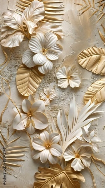 Obraz Gold floral plants and palm leaves Wallpaper Mural, 3d illustration, grey background, abstract tropical leaves, banana leaves with 3d lines. AI generated illustration