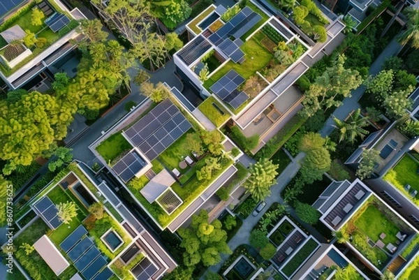 Fototapeta Aerial view of a residential neighborhood with solar panels on the roof