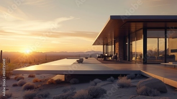 Fototapeta 3d rendering of modern house in the desert with a beautiful sunset