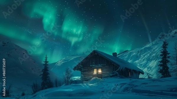 Obraz Aurora borealis over a wooden house in the mountains.
