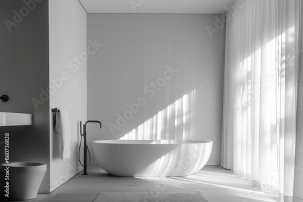 Obraz Corner of modern bathroom with white walls, concrete floor, comfortable white bathtub standing near window. 3d rendering