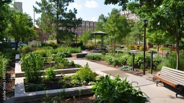 Obraz Flowerbeds and trees in the city park on a summer day