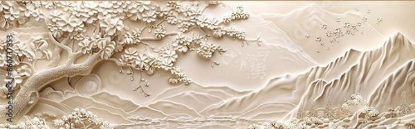 Obraz Beautiful sakura tree and mountain 3d relief wallpaper. Mural wallpaper. Wall art. AI generated illustration.