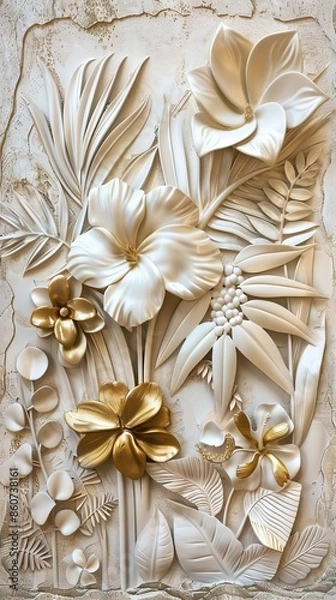 Obraz Gold floral plants and palm leaves Wallpaper Mural, 3d illustration, grey background, abstract tropical leaves, banana leaves with 3d lines. AI generated illustration