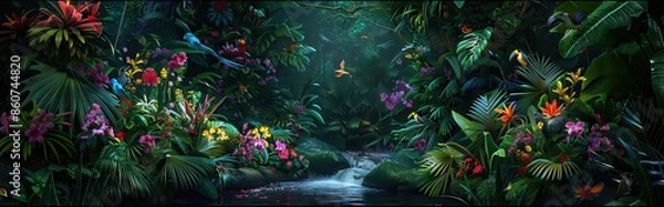 Obraz Dark rainforest sun rays through the trees and birds digital illustration. AI generated illustration.