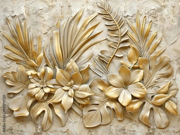 Obraz Gold floral plants and palm leaves Wallpaper Mural, 3d illustration, grey background, abstract tropical leaves, banana leaves with 3d lines. AI generated illustration