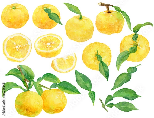 Obraz 柚子の水彩イラスト　素材セット