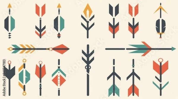 Fototapeta This image showcases an array of stylized, colorful vector arrow designs, each unique in pattern and shape, set against a solid light background.