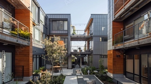 Fototapeta urban infill housing project utilizing slim-profile fiber cement panels to maximize space efficiency and modern aesthetic in a dense city environment