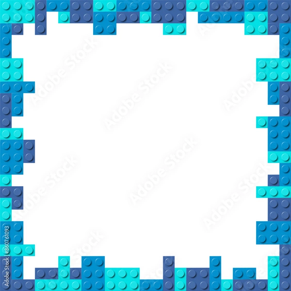 Fototapeta Blue frame composed of three shades of blue plastic toy blocks. Colorful brick banner isolated on a white background. Simple bricks template. Abstract vector background