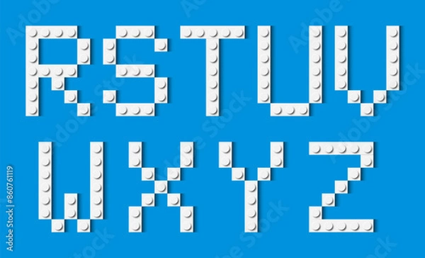 Fototapeta Letters of the alphabet composed of white plastic brick toy blocks on blue background. Building bricks font. Vector background illustration