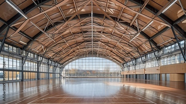 Fototapeta high-performance sports facility with a dynamic wooden roof structure that mimics athletic movement, inspiring visitors and athletes alike