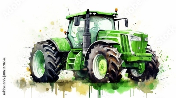 Fototapeta Image features a large green tractor prominently displayed on a field with detailed tire tracks, highlighting the power and utility of modern agricultural machinery in land preparation.