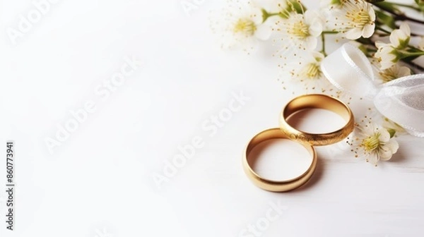 Fototapeta This image features two gold wedding rings paired with small white flowers and a delicate white bow, placed on a soft surface, representing union and eternal love.