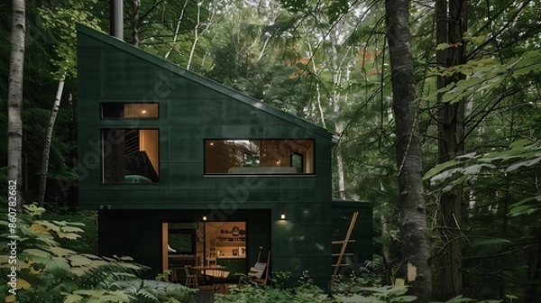 Fototapeta remote artist retreat in the forest, clad in dark green fiber cement siding that blends into the surrounding trees, providing a secluded and inspiring environment for creativity