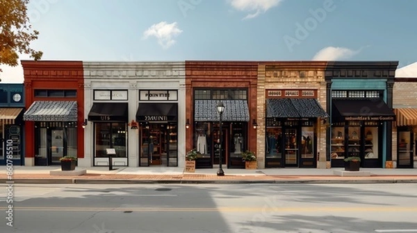 Obraz series of boutique downtown shops, each with a unique facade of decorative fiber cement panels, enhancing the urban streetscape and attracting shoppers with their distinct appearances