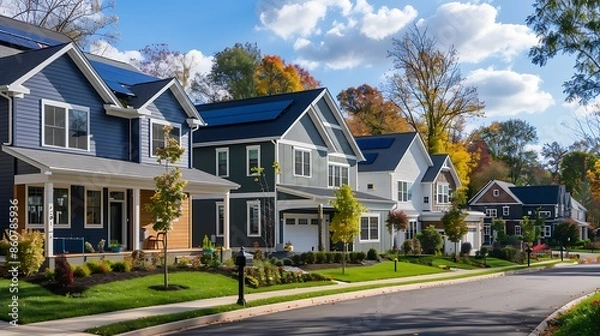 Obraz series of energy-efficient homes in a sustainable living community, each featuring fiber cement siding with integrated solar panels for a clean, modern look and reduced energy footprint