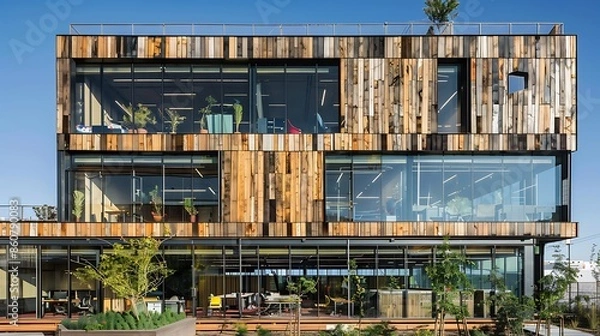 Fototapeta sustainable office building with a double-skin facade made from reclaimed wood, enhancing energy efficiency and workplace aesthetics