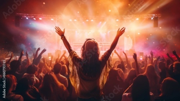 Fototapeta A large crowd enjoying a concert with bright stage lights, confetti falling, and a performer on stage, encapsulating the excitement and enthusiasm of live events.