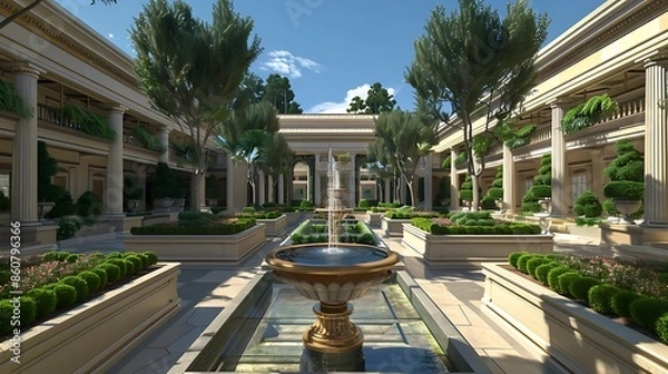 Obraz elegant fountain courtyard with symmetrical planting beds and a central water feature, designed in the style of a Roman atrium
