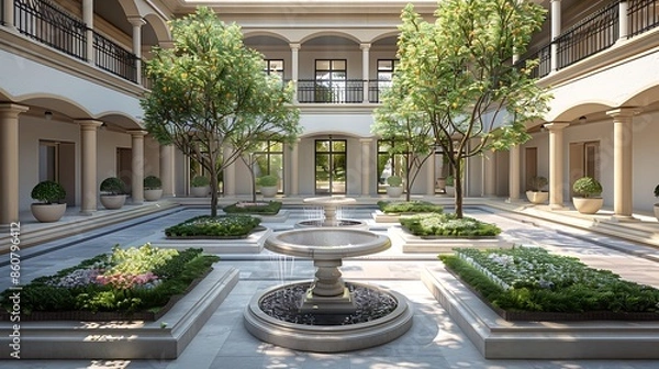 Obraz elegant fountain courtyard with symmetrical planting beds and a central water feature, designed in the style of a Roman atrium