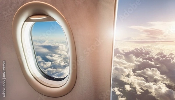 Fototapeta Airplane window with sunny summer sky and clouds. Creative concept of air travel, background for banner.
